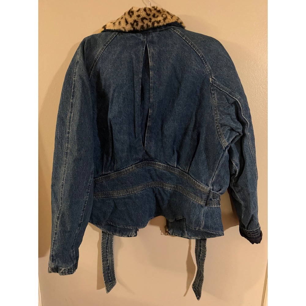 Y2K NY 10018 Denim Jacket Leopard Faux Fur Collar Quilted Lined Blue Zip Up - Picture 5 of 5